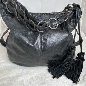 Malaika Black Leather Tassel Shoulder Bag
